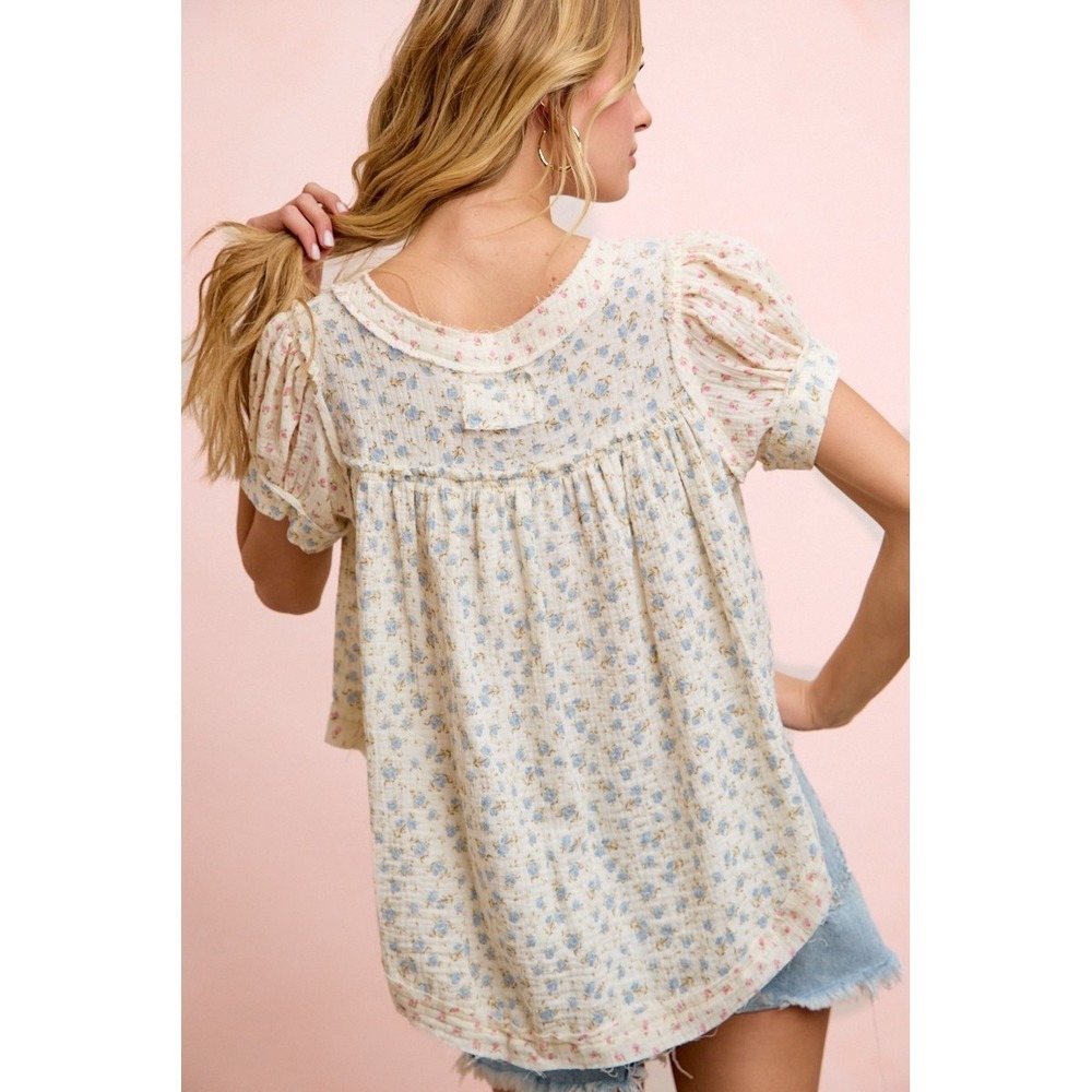 BiBi Floral Crinkle Neckdrop Short Sleeve Blouse Top - Medium - Picture 7 of 10